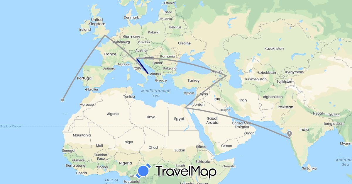 TravelMap itinerary: driving, plane in United Arab Emirates, Azerbaijan, Egypt, United Kingdom, India, Italy, Portugal (Africa, Asia, Europe)